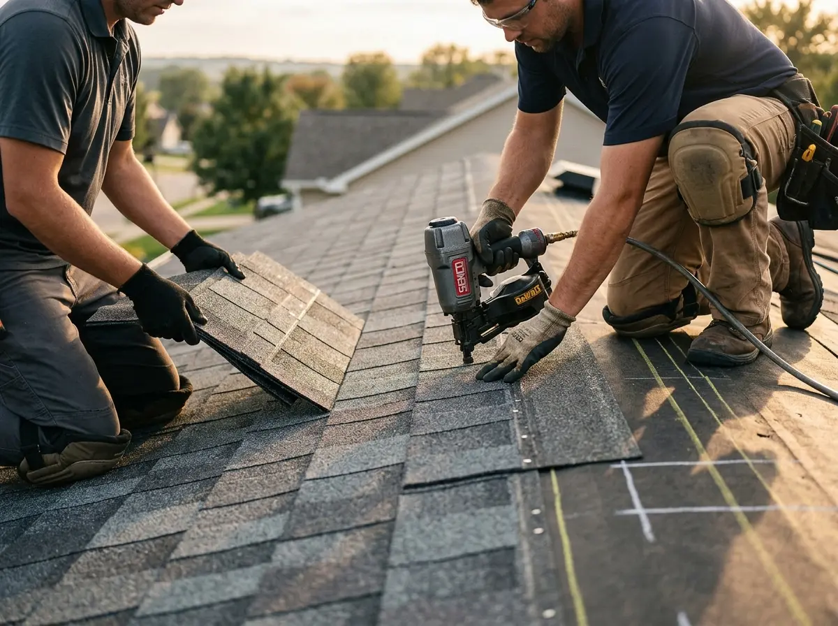 Professional roofer working on a residential roof in Danbury